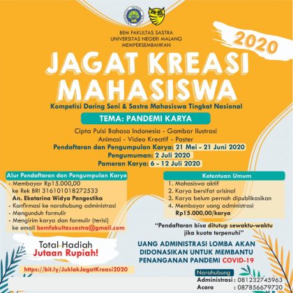 JAGAT KREASI MAHASISWA 2020 (Kompetisi Daring Seni dan Sastra Tingkat Mahasiswa Nasional)