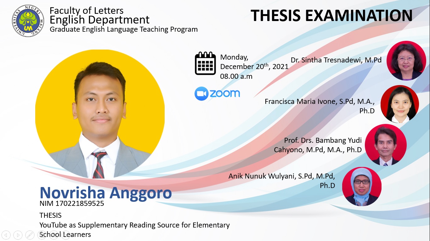 Ujian Tesis Program Magister Program Studi Pendidikan Bahasa Inggris a.n. Novrisha Anggoro