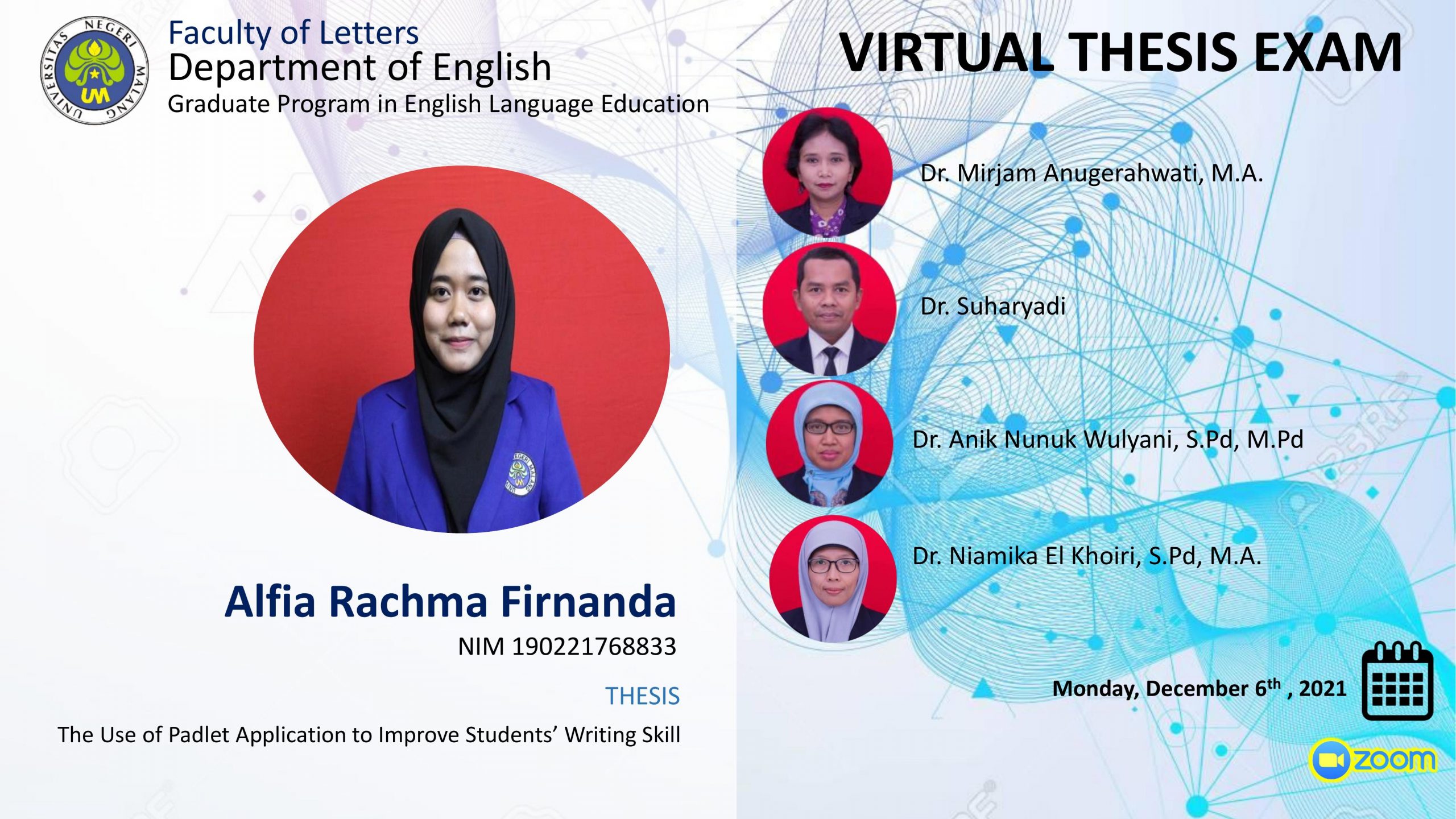 Ujian Tesis Program Magister Program Studi Pendidikan Bahasa Inggris a.n. Alfia Rachma Firnanda