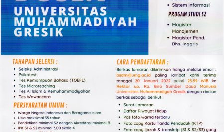Lowongan Pekerjaan : Open Recruitment 2022 – Dosen Universitas Muhammadiyah Gresik