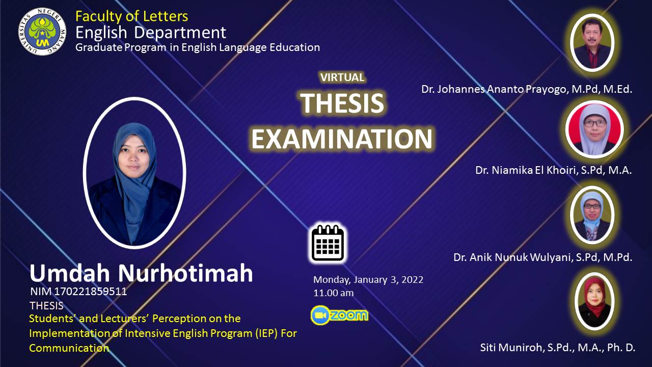 Ujian Tesis Program Magister Program Studi Pendidikan Bahasa Inggris a.n. Umdah Nurhotimah
