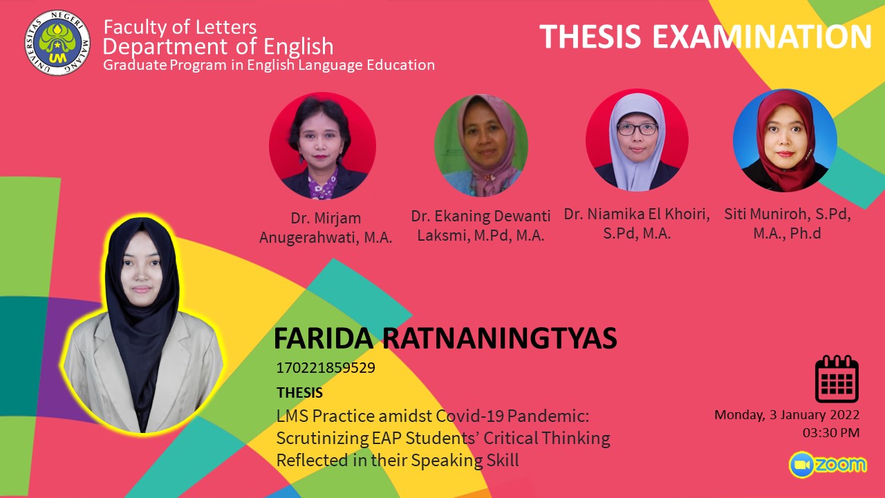 Ujian Tesis Program Magister Program Studi Pendidikan Bahasa Inggris a.n. Farida Ratnaningtyas