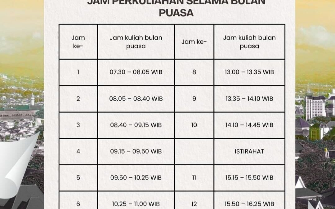 Berikut adalah jam kegiatan perkuliahan selama Bulan Ramadhan Tahun 2026